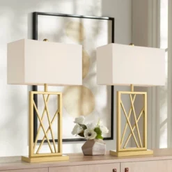 360 Lighting Claudia 26 1/2" Tall Open Metal Base Modern Glam Luxury Table Lamps Set Of 2 Gold Finish White Shade Living Room Bedroom Bedside