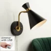 360 Lighting Modern Wall Lamp With USB Port Matte Black Brass Plug-In 6 1/4" Light Fixture Cone Shade For Bedroom Bedside House Reading