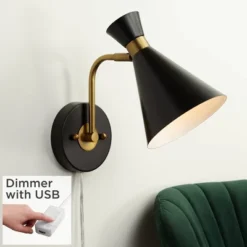 360 Lighting Modern Wall Lamp With USB Port Matte Black Brass Plug-In 6 1/4" Light Fixture Cone Shade For Bedroom Bedside House Reading