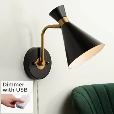 360 Lighting Modern Wall Lamp With USB Port Matte Black Brass Plug-In 6 1/4" Light Fixture Cone Shade For Bedroom Bedside House Reading 3 360 Lighting Modern Wall Lamp With USB Port Matte Black Brass Plug-In 6 1/4" Light Fixture Cone Shade For Bedroom Bedside House Reading