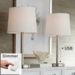 360 Lighting Camile Modern Table Lamps 25" High Set Of 2 Brushed Nickel With Table Top Dimmers USB Charging Port Off White Drum Shade For Office Desk