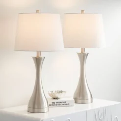 360 Lighting Koncave 24 1/2" High Modern Table Lamps Set Of 2 Silver Brushed Nickel Finish Metal White Shade Living Room Bedroom Bedside Nightstand -360 Lighting GUEST 7e6460cc db12 435b 96d9 3ab7e628f96c