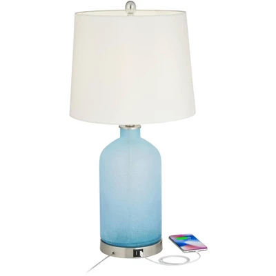 360 Lighting Modern Table Lamps 27 3/4" Tall Set Of 2 With USB Charging Port Blue Glass White Drum Shade For Living Room Bedroom 4 360 Lighting Modern Table Lamps 27 3/4" Tall Set Of 2 With USB Charging Port Blue Glass White Drum Shade For Living Room Bedroom - Image 2