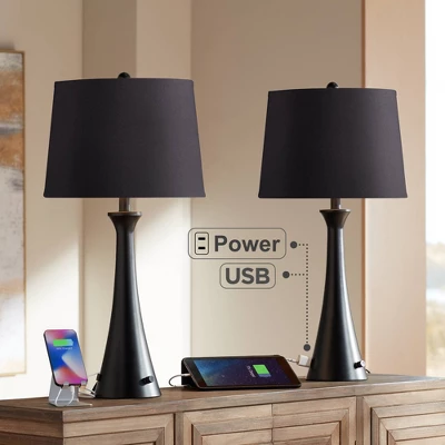 360 Lighting Karl Modern Table Lamps 28 1/4" Tall Set Of 2 Black Metal With USB And AC Power Outlet In Base Faux Silk Shade For Bedroom House Home 3 360 Lighting Karl Modern Table Lamps 28 1/4" Tall Set Of 2 Black Metal With USB And AC Power Outlet In Base Faux Silk Shade For Bedroom House Home