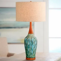 360 Lighting Rocco Modern Mid Century Table Lamps 30" Tall Set Of 2 Blue Teal Glaze Ceramic Linen Drum Shade For Bedroom Living Room Nightstand Home -360 Lighting GUEST 821a99b5 81a6 47ef 87d5 c589d88e65b3