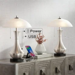 360 Lighting 4 360 Lighting Simon Modern Accent Table Lamps Set Of 2 21" High Silver With USB Charging Port White Glass Dome Shade For Bedroom Living Room House Desk