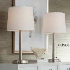 360 Lighting Camile Modern Table Lamps 25" High Set Of 2 Brushed Nickel With USB Charging Port Off White Drum Shade For Living Room Office House Desk