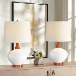 360 Lighting Brice 23" High Small Mid Century Modern Accent Table Lamps Set Of 2 Ivory Wood Ceramic Living Room Bedroom Bedside Off-White Shade