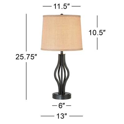 360 Lighting Heather Modern Industrial Table Lamps 25 3/4" High Set Of 2 Dark Iron With USB Charging Port Burlap Drum Shade For Bedroom House Desk 8 360 Lighting Heather Modern Industrial Table Lamps 25 3/4" High Set Of 2 Dark Iron With USB Charging Port Burlap Drum Shade For Bedroom House Desk - Image 6
