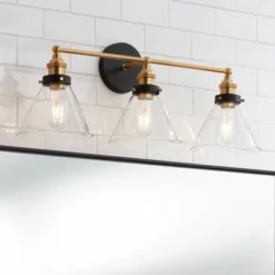 360 Lighting Burke Industrial Wall Light Black Brass Hardwire 28" 3-Light Fixture Clear Glass Shade For Bedroom Bathroom Vanity Reading Living Room