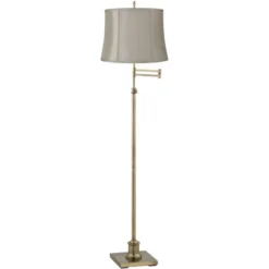 360 Lighting Swing Arm Floor Lamp Adjustable Height 70" Tall Antique Brass Gray Fabric Drum Shade For Living Room Reading Bedroom Office