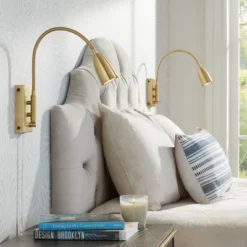 360 Lighting Lido Modern Wall Lamps Set Of 2 Warm Gold Plug-in Fixture LED Adjustable Gooseneck Arm For Bedroom Reading Living Room Hallway House Home