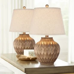 360 Lighting Modern Accent Table Lamps 22" High Set Of 2 Warm Bronze Geometric Urn Tapered Drum Shade For Living Room Family Bedroom Office