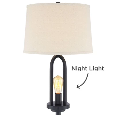 360 Lighting Marcel Rustic Farmhouse Floor Lamp 64" Tall Black Metal With LED Nightlight Natural Linen Drum Shade For Living Room Bedroom Office House 4 360 Lighting Marcel Rustic Farmhouse Floor Lamp 64" Tall Black Metal With LED Nightlight Natural Linen Drum Shade For Living Room Bedroom Office House - Image 2