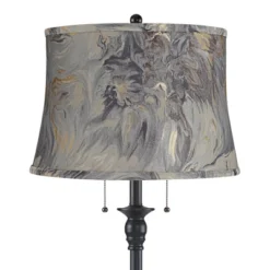 360 Lighting Dyna Traditional 58" Tall 2-Light Standing Floor Lamp Skinny Pole Pull Chain Black Finish Living Room Bedroom House Drum Gray Swirl Shade