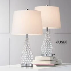 360 Lighting Sergio Modern Accent Table Lamps 23 1/2" High Set Of 2 Clear Acrylic With USB Charging Port White Drum Shade For Bedroom Living Room Desk