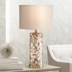 360 Lighting Coastal Accent Table Lamps 23" High Set Of 2 Mother Of Pearl Tiles Cylinder Cream Linen Drum Shade For Living Room Bedroom -360 Lighting GUEST a2ef3ec0 5545 4e66 a794 0813a93de843