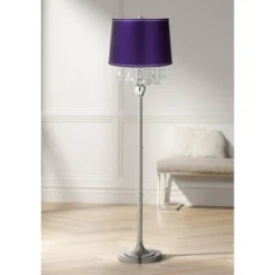 360 Lighting Modern Floor Lamp Standing 62 1/2" Tall Brushed Nickel Silver Crystals Dark Purple Satin Drum Shade For Living Room Bedroom Office House