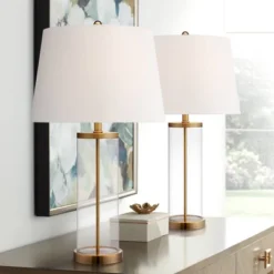 360 Lighting 24 360 Lighting 26" High Cylinder Country Cottage Table Lamps Set Of 2 Fillable Clear Gold Finish Glass Metal White Shade Living Room Bedroom Bedside