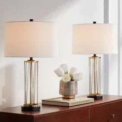 360 Lighting Nathan Modern Table Lamps 25 1/2" High Set Of 2 Gold Metal With USB Charging Ports Off White Drum Shade For Bedroom Living Room Home Desk -360 Lighting GUEST a9fcd43a c603 43eb 94b1 fc29f7682b6a