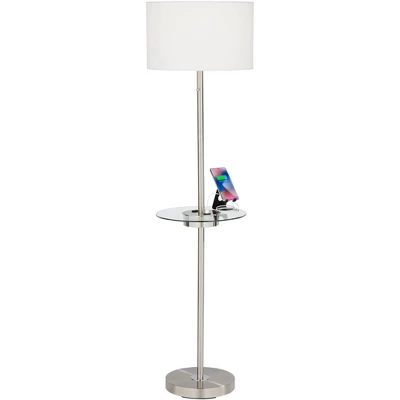 360 Lighting Caper Modern Floor Lamps With Tray Table 60 1/2" Tall Set Of 2 Brushed Nickel USB And Outlet Off White Fabric Drum Shade For Living Room 4 360 Lighting Caper Modern Floor Lamps With Tray Table 60 1/2" Tall Set Of 2 Brushed Nickel USB And Outlet Off White Fabric Drum Shade For Living Room - Image 2