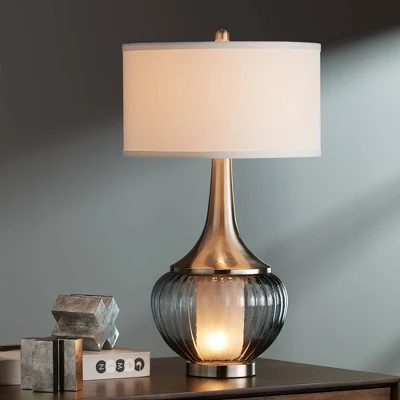 360 Lighting Courtney Modern Table Lamp 28 1/2" Tall Fluted Smoked Glass With Nightlight White Linen Drum Shade For Bedroom Living Room Nightstand 4 360 Lighting Courtney Modern Table Lamp 28 1/2" Tall Fluted Smoked Glass With Nightlight White Linen Drum Shade For Bedroom Living Room Nightstand - Image 2