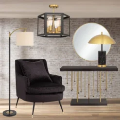 360 Lighting Rayna Mid Century Modern Downbridge Floor Lamp 61 1/2" Tall Black Gold Metal Off White Linen Drum Shade For Living Room Reading Bedroom -360 Lighting GUEST b2cb1bba 72d8 4838 bb74 d79e6f3f5c32