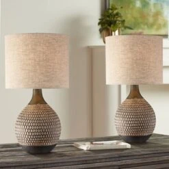 360 Lighting Emma 21" High Small Mid Century Modern Accent Table Lamps Set Of 2 Brown Wood Finish Ceramic Oatmeal Shade Living Room Bedroom Bedside
