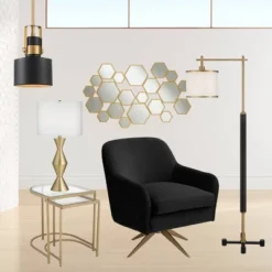 360 Lighting Elka Modern Mid Century Table Lamp 28" Tall Brass Geometric Metal White Drum Shade For Bedroom Living Room Bedside Nightstand Office Home -360 Lighting GUEST b4fc2450 35ac 41d8 8ec8 ab274cc2be21