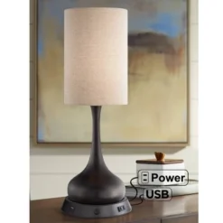 360 Lighting Modern Table Lamp With Dimmable USB And Outlet Workstation Base 24.5" High Bronze Tan Fabric Cylinder For Living Room Desk Bedroom