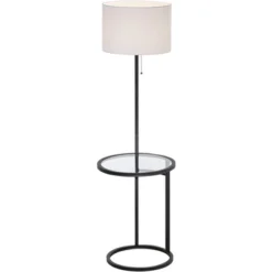 360 Lighting Modern Floor Lamp With Table Glass 62" Tall Black White Fabric Drum Shade For Living Room Reading Bedroom Office -360 Lighting GUEST b9473e7c d3a7 4de8 ac98 85f77be2e3fa