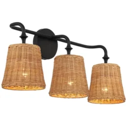 360 Lighting Keanu Farmhouse Rustic Wall Light Matte Black Hardwire 23 1/4" 3-Light Fixture Natural Rattan For Bathroom Vanity -360 Lighting GUEST b94e0852 c911 476e 8f34 9b957e1c8c8c