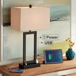 360 Lighting Todd Modern Table Lamp 30" Tall Bronze Rectangular With USB And AC Power Outlet In Base Oatmeal Fabric Shade For Living Room Office House