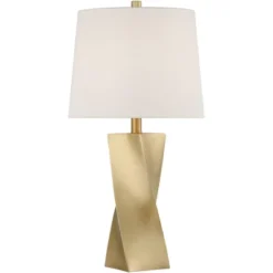 360 Lighting Arabella 25" High Geometric Modern Table Lamps Set Of 2 Gold Finish Off-White Shade Living Room Bedroom Bedside Nightstand House Office -360 Lighting GUEST bf010edd ec4c 479e 9316 aeca95c3a030