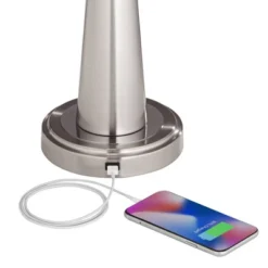 360 Lighting Karla Art Deco Style Table Lamps 25" High Set Of 2 Brushed Nickel With USB Charging Port And Table Top Dimmers White Fabric Drum For Desk -360 Lighting GUEST c260550a 1212 48ce 8e3a 12942738bf95