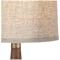 360 Lighting Mid Century Modern Table Lamp 24" High Walnut Faux Wood Brown Off White Linen Drum Shade For Bedroom Living Room House Bedside Office -360 Lighting GUEST c5e9016b 5fa7 46f4 8112 af59f96452ff