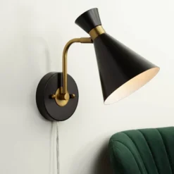 360 Lighting Venice Mid Century Modern Wall Lamp Matte Black Brass Plug-in 6 1/4" Light Fixture Adjustable Metal Cone Shade For Bedroom Living Room