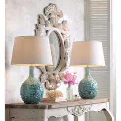 360 Lighting Modern Table Lamp 26" High Teal Glaze Ceramic Gourd White Fabric Drum Shade For Bedroom Living Room House Home Bedside Nightstand Office -360 Lighting GUEST cb7233d6 04bd 4e8a af74 920b13c9263e