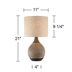 360 Lighting Emma Modern Mid Century Accent Table Lamp 21" High Wood Brown Ceramic Oatmeal Drum Shade For Bedroom Living Room Bedside Nightstand Home -360 Lighting GUEST ce2e4f43 d4ea 4947 a7da 6a609a29cf97