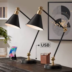 360 Lighting Wray 26 3/4" Tall Industrial Modern Desk Lamps Set Of 2 USB Port Adjustable Black Brass Finish Metal Home Office Living Room Charging