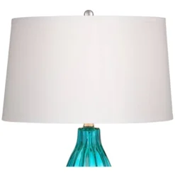 360 Lighting Stella Modern Coastal Table Lamp 30" Tall Fluted Blue Ribbed Glass White Drum Shade For Bedroom Living Room Bedside Nightstand Office -360 Lighting GUEST d31aaf8d f450 4cd7 a966 b209a614b175