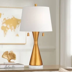 360 Lighting Sterling 27 3/4" Tall Modern Table Lamp Pull Chain Gold Finish Marble Single White Shade Living Room Bedroom Bedside Nightstand House