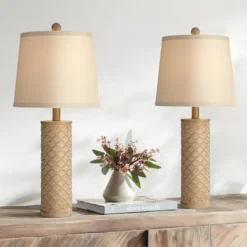 360 Lighting Gisele Cottage Table Lamps 24" High Set Of 2 Gold Wash Lattice Column Tapered Drum Shade For Bedroom Living Room Bedside Nightstand Home