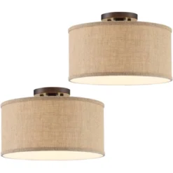 360 Lighting Adams Modern Ceiling Light Semi Flush Mount Fixtures 14" Wide Set Of 2 Bronze Burlap Fabric Drum Shade For Bedroom Kitchen Living Room -360 Lighting GUEST d8b290bc 18e8 4b32 b48d 19c7da1ac80c