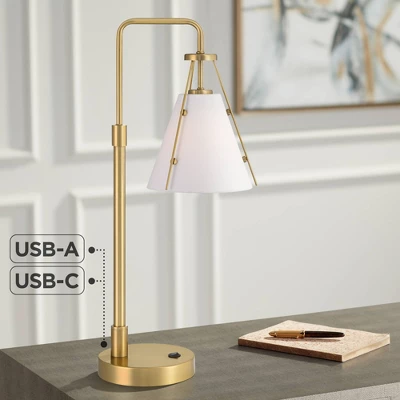 360 Lighting Brynn 25 1/2" High Industrial Desk Lamp Dual USB Port Gold Brass Finish Metal Single White Cone Shade Home Office Living Room Charging 3 360 Lighting Brynn 25 1/2" High Industrial Desk Lamp Dual USB Port Gold Brass Finish Metal Single White Cone Shade Home Office Living Room Charging