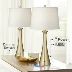 360 Lighting Karl 27 1/2" Tall Modern Table Lamps Set Of 2 Full Range Dimmer USB Port Gold Metal Living Room Charging Bedroom Bedside White Shade
