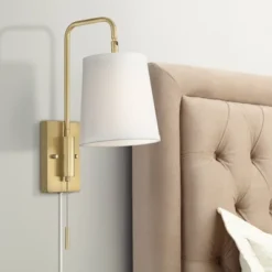 360 Lighting Luca Modern Swing Arm Wall Lamp Warm Brass Metal Plug-in Light Fixture Up Down White Fabric Shade For Bedroom Bedside Living Room Reading