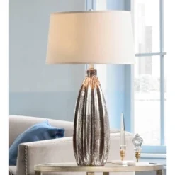 360 Lighting Stella Modern Table Lamp 30" Tall Fluted Mercury Ribbed Glass Taupe Drum Shade For Bedroom Living Room Bedside Nightstand Office Kids