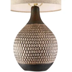 360 Lighting Mid-Century Modern Accent Table Lamp With USB Charging Port 21" High Wood Brown Ceramic Oatmeal Drum Shade Living Room Desk Bedroom -360 Lighting GUEST de83895d dc34 48a4 be51 9be1191b7000