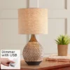 360 Lighting Mid-Century Modern Accent Table Lamp With USB Charging Port 21" High Wood Brown Ceramic Oatmeal Drum Shade Living Room Desk Bedroom